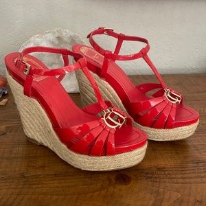 Christian Dior Red Patent Leather CD2 T-Strap Espadrille Wedges Size 37 1/2